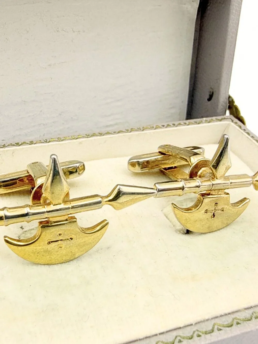 Hickok USA Signed MCM Gold Plated Viking Medieval Axe Motif Cufflinks